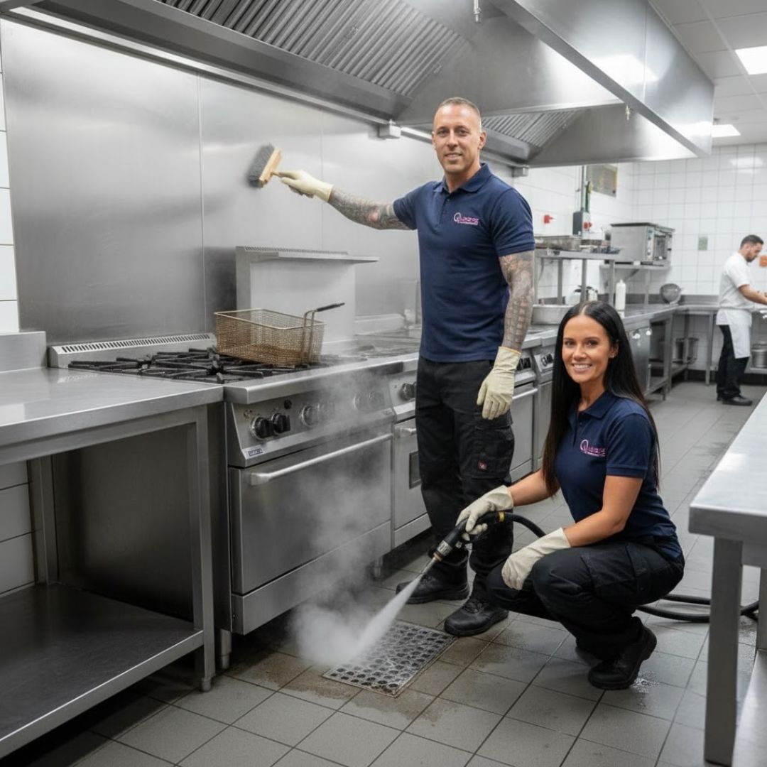 Professional commercial kitchen cleaners deep cleaning restaurant equipment and floors